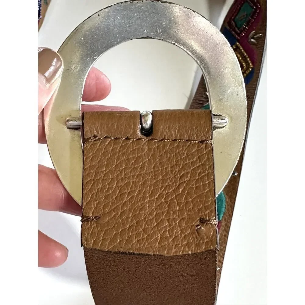 CHICO'S Women's Embroidered/Beaded Wide Leather Bohemian Belt Brown Size Large